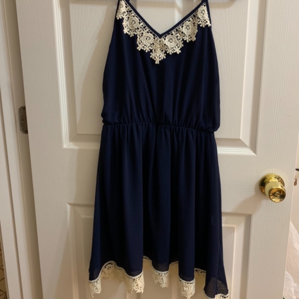 Navy blue dress with lace detailing